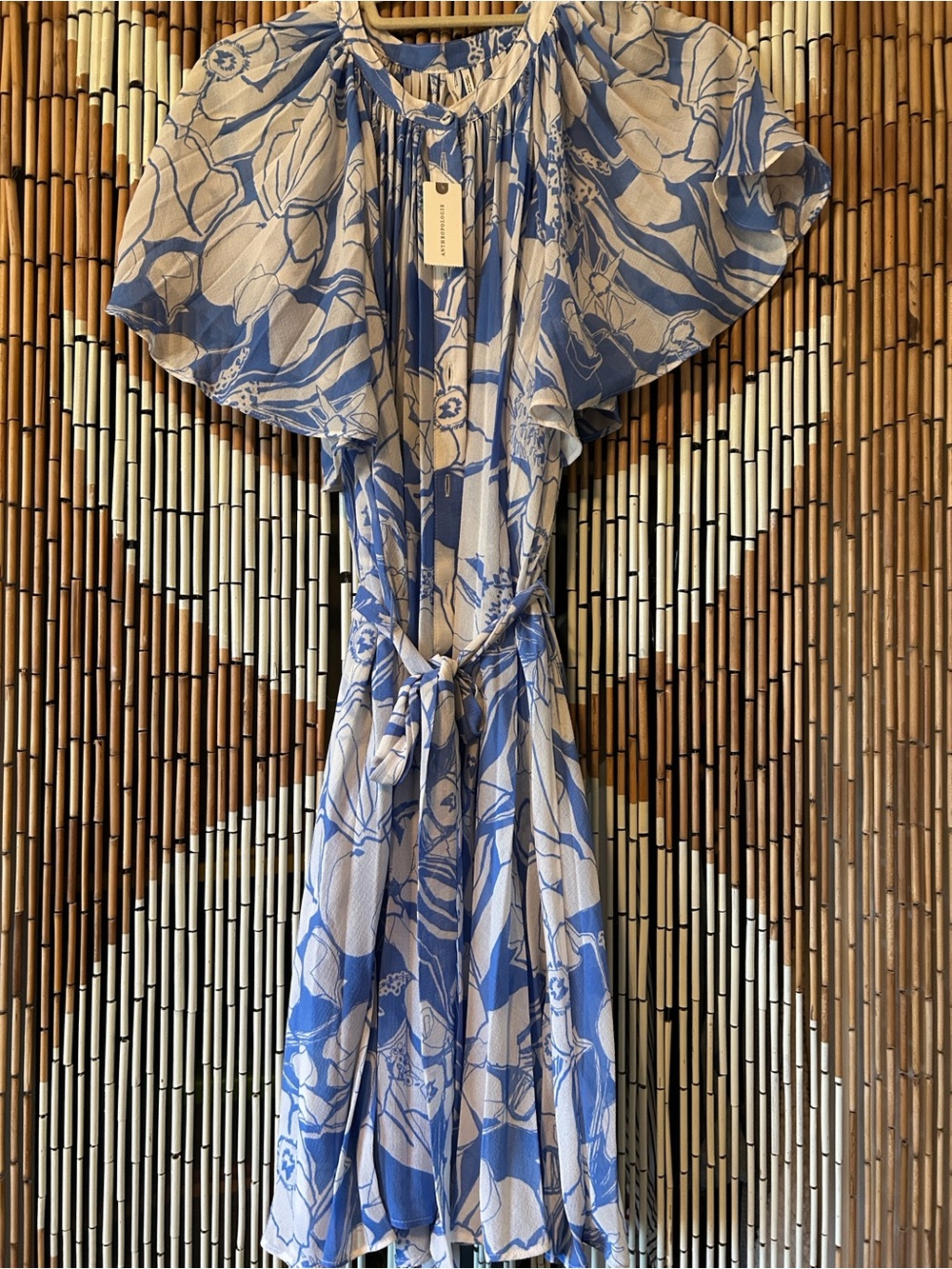 Anthropologie Blue and Cream Floral Sheer Pleated Dress with Tie Waist